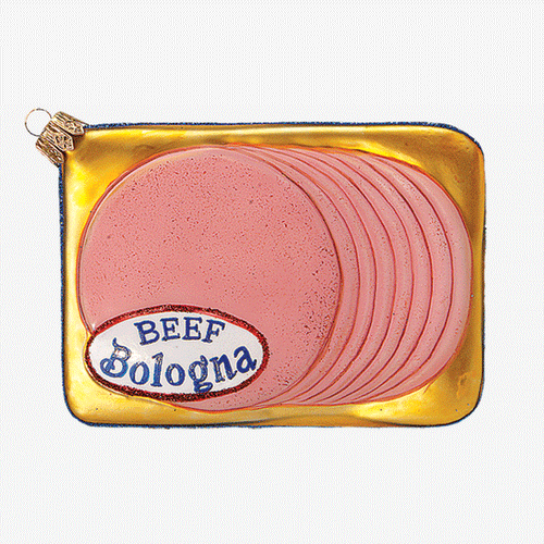 john derian Pack of Beef Bologna Ornament Add to cart All Holiday ornaments and items are final sale and are not eligible for return or exchange.  Details 3.75" H Glass Handblown in Poland Please note all ornaments and holida