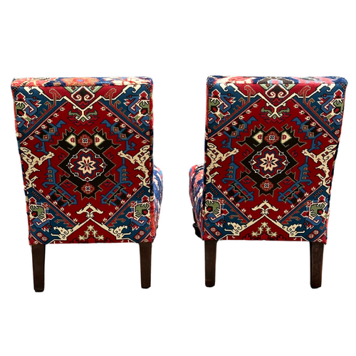 John Derian Pair Of Handmade Slipper Chairs Upholstered In Antique Caucasian Rug And Olya Thompson Lermontov Fabric Custom Furniture