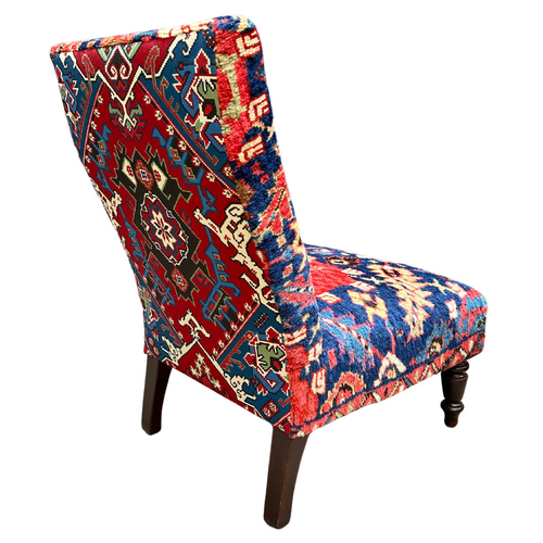 John Derian Pair Of Handmade Slipper Chairs Upholstered In Antique Caucasian Rug And Olya Thompson Lermontov Fabric Custom Furniture