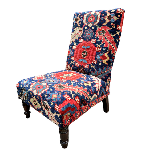 John Derian Pair Of Handmade Slipper Chairs Upholstered In Antique Caucasian Rug And Olya Thompson Lermontov Fabric Custom Furniture