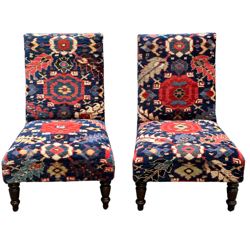 john derian Pair of Handmade Slipper Chairs Upholstered in Antique Caucasian Rug and Olya Thompson Lermontov Fabric Custom Furniture