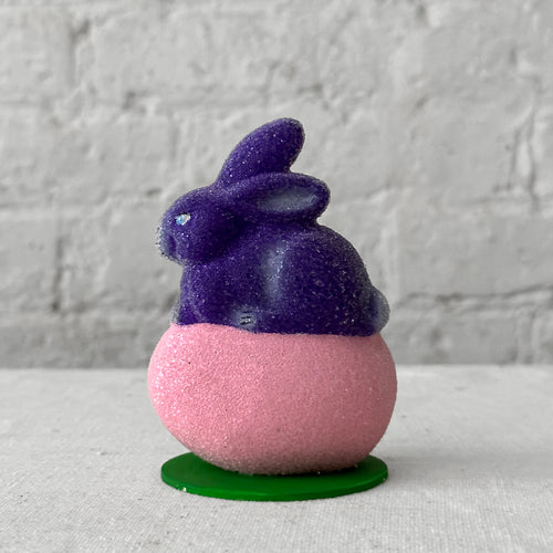 john derian Papier Mâché Beaded Bunny on Egg in Purple & Rose Add to cart Details approx. 2" W x 3" H Papier-mâché beaded with glass eyes Each item will feature unique variations Handmade in Germany   Based in Germany and
