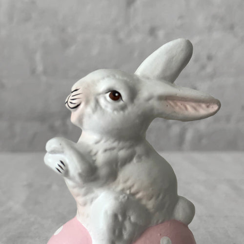John Derian Papier-Mâché Bunny On Egg In Rose & White Polka Dots Add To Cart Details Approx. 2" W X 3" H Papier-mâché  Each Item Will Feature Unique Variations Handmade in Germany   Based In Germany And Family Owned Since