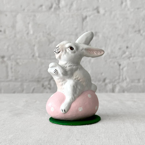 john derian Papier-Mâché Bunny on Egg in Rose & White Polka Dots Add to cart Details approx. 2" W x 3" H Papier-mâché  Each item will feature unique variations Handmade in Germany   Based in Germany and family owned since