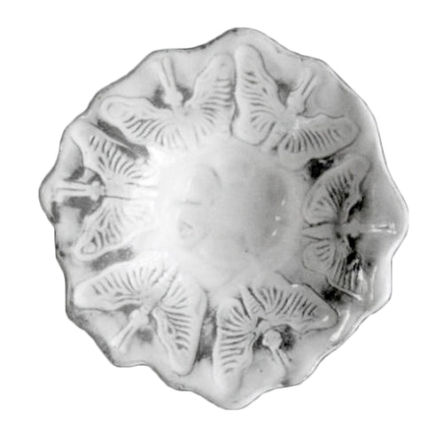 john derian Papillon Dish Add to cart Cendrier Papillon Details 5.3" Diameter 1.4" Deep Black Terra Cotta with White Enameled Glaze Each item will feature unique variations Made in Paris Care Dishwasher safe on a moderate wash