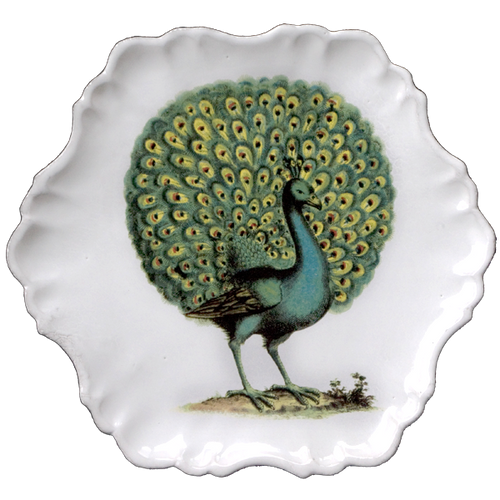 john derian Peacock Plate Add to cart Details 11" L x .5" Deep Glazed terracotta Made in Paris Care Dishwasher safe on a moderate wash cycle. Not microwave safe. Image Origin Germany 18th century. John Derian teamed up with Asti