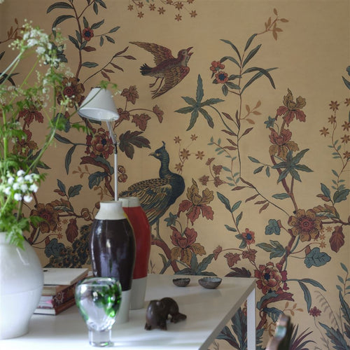 John Derian Peacock Toile Scene 1 Parchment Wallpaper