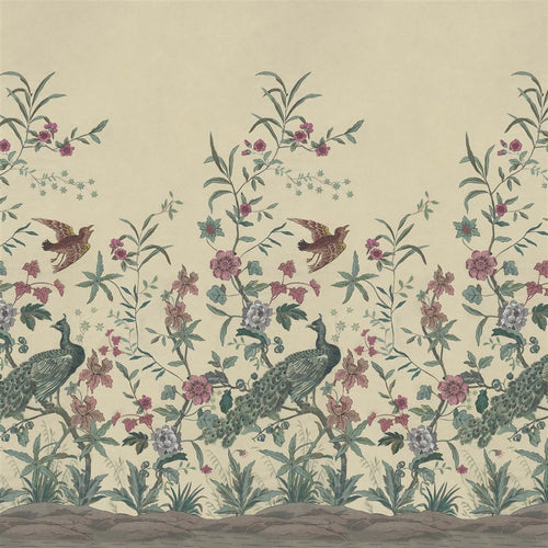 john derian Peacock Toile Scene 1 Parchment Wallpaper