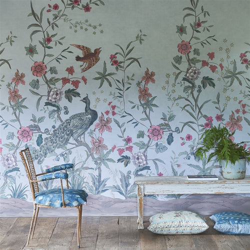 John Derian Peacock Toile Scene 1 Sky Blue Wallpaper