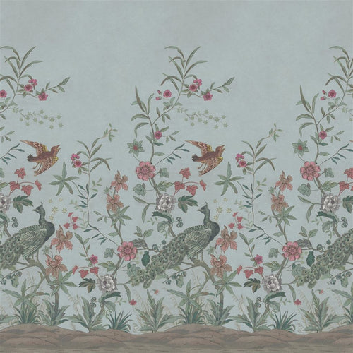 john derian Peacock Toile Scene 1 Sky Blue Wallpaper