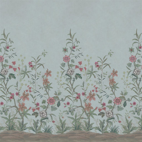 john derian Peacock Toile Scene 2 Sky Blue Wallpaper