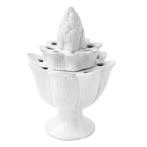 john derian Pique Flower Holder Add to cart Details 4.7" x 4.7" x 6.7" H Black Terra Cotta with White Enameled Glaze Each item will feature unique variations Limited availability  Made in Paris Care Dishwasher safe on a moderat
