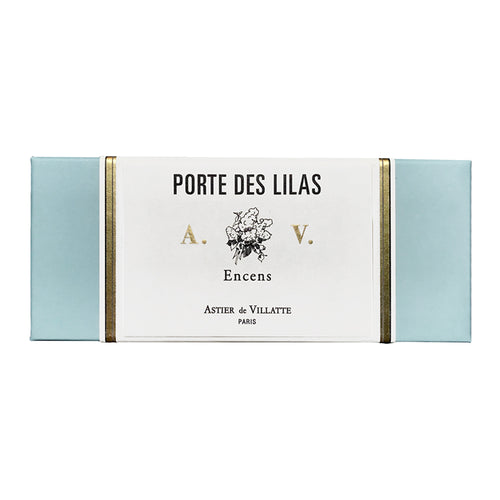 john derian Porte des Lilas Incense Add to cart Contains scents of verdant rose jasmine and lilac fragrances. Details 6" x 2.5" x .7" Each box contains 125 sticks. 30 minute burn time. 100% natural. Care To begin light the end
