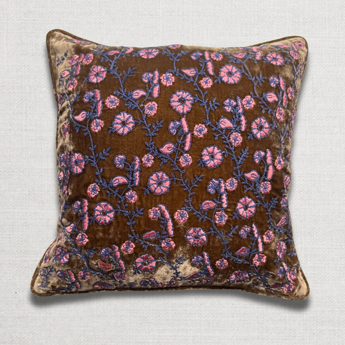 john derian Primula Embroidered Silk Velvet Cushion in Light Brown Add to cart The Anke Drechsel "Primula" pillow in light brown is made from silk velvet and adorned with an embroidered floral motif. Anke's unique designs meticu