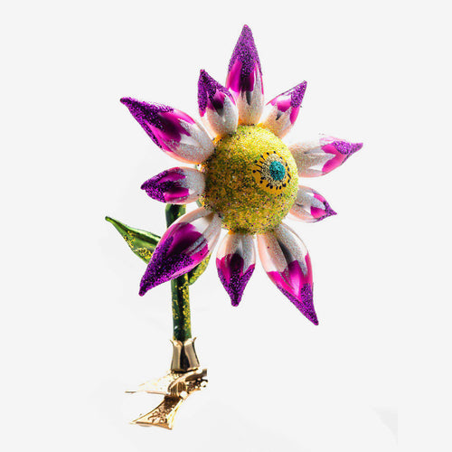 john derian Purple & Pink Flower Clip-On Ornament Add to cart All Holiday ornaments and items are final sale and are not eligible for return or exchange.  Details approx. 4" W x 5" H Glass Handblown in Poland Please note all