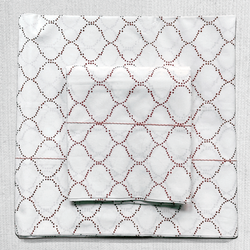 john derian Rasa Block Printed Sheet Set in White Persian & Madder Twin Set - $325.00 Queen Set - $430.00 King Set - $480.00 Set of 2 Standard Pillowcases - $75.00 Set of 2 King Pillowcases - $80.00