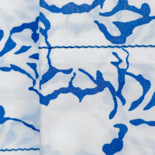 John Derian Rasa Block Printed Sheet Set In White Shadow & Lapis Twin Set - $325.00 Queen Set - $430.00 King Set - $480.00 Set Of 2 Standard Pillowcases - $75.00 Set Of 2 King Pillowcases - $80.00