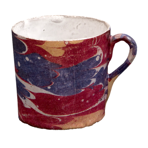 john derian Red Blue & Yellow Marble Mug Add to cart Mug Marbre Rouge Bleu Details 3" Diameter x 4.5" W X 3"H Glazed terracotta Marble pattern will vary Made in Paris Care Dishwasher safe on a moderate wash cycle. Not microwave