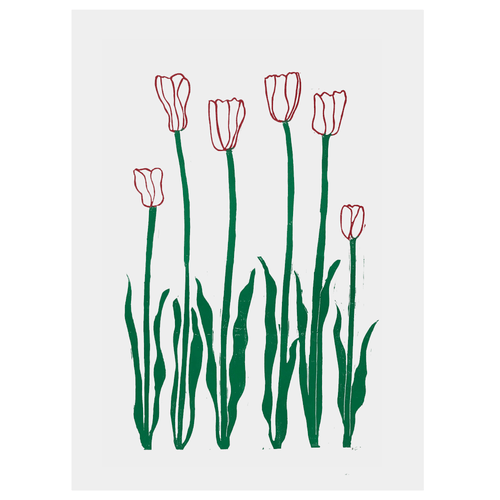 john derian Red & Green Tulips 22 x 30" Linocut Print with Colored Ink