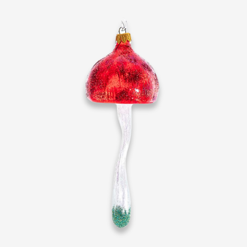 john derian Red Mushroom Ornament Add to cart All Holiday ornaments and items are final sale and are not eligible for return or exchange.  With its bright red and whimsical details this eccentric mushroom ornament brings a spri