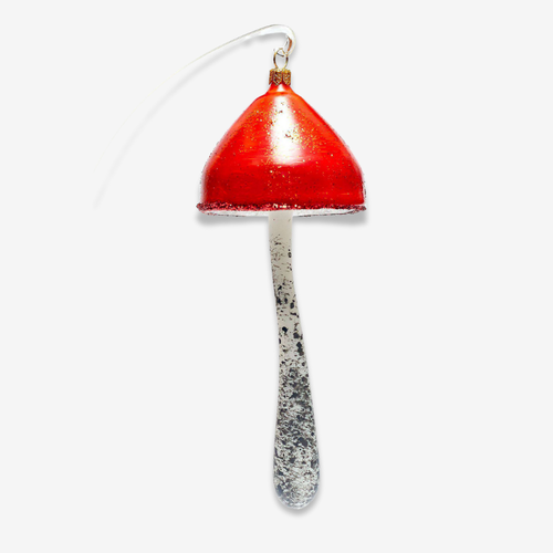 john derian Red Mushroom Ornament Add to cart All Holiday ornaments and items are final sale and are not eligible for return or exchange.  With its classic red hues and whimsical details this eccentric mushroom ornament brings