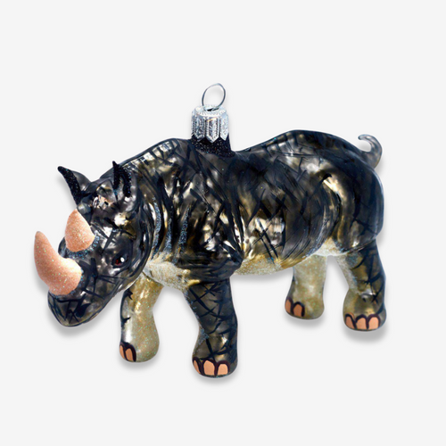 john derian Rhino Ornament Add to cart All Holiday ornaments and items are final sale and are not eligible for return or exchange.  This rhino ornament is a festive addition to your holiday decor. Meticulously crafted and handm