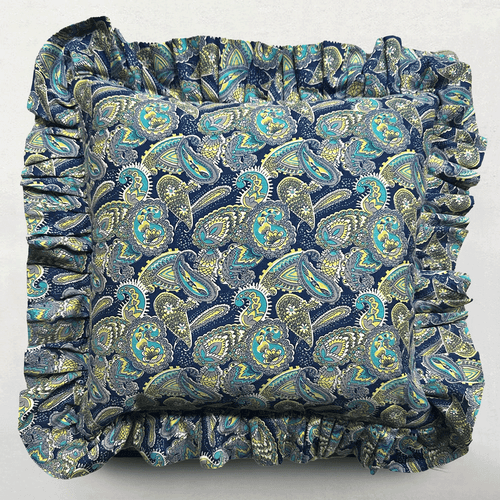 john derian SAVED NY Ruffled Pillow #01 Add to cart Bring color to your living space with the bespoke charm of this blue and green paisley cushion featuring roses and a ruffled edge. Meticulously crafted with and made from vinta