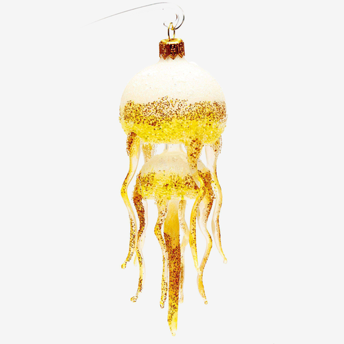 john derian Semi-opaque and Yellow Jellyfish Ornament Add to cart The Semi-opaque and Yellow Jellyfish Ornament is a mesmerizing and ethereal addition to your holiday decor. Meticulously crafted this ornament captures the delica