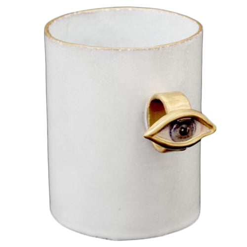 john derian Serena Cyclops Ring Cup Add to cart Tasse Details 4" Wide x 3" Diameter x 3.7" Tall Black Terra Cotta with White Enameled Glaze Each item will feature unique variations Made in Paris Care Dishwasher safe on a moderat