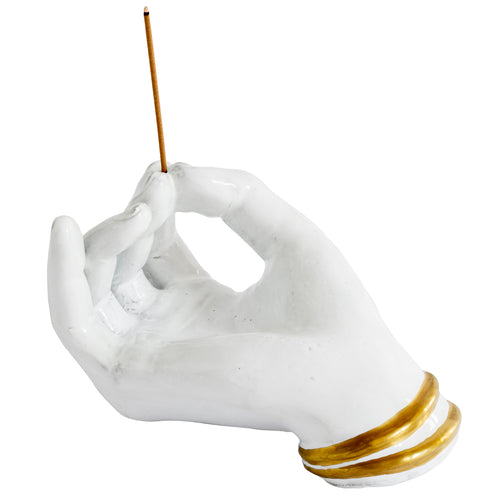 john derian Serena Hand Incense Holder with Golden Bracelets Add to cart Details 5.8" Length x 3.5" Width x 3.3" Height Black Terra Cotta with White Enameled Glaze Each item will feature unique variations Made in Paris Care Dish