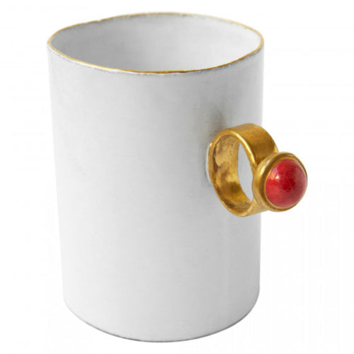 john derian Serena Red Ring Cup Add to cart Tasse Details 4.3" x 3" x 4" Black Terra Cotta with White Enameled Glaze Each item will feature unique variations Made in Paris Care Dishwasher safe on a moderate wash cycle. Not micro