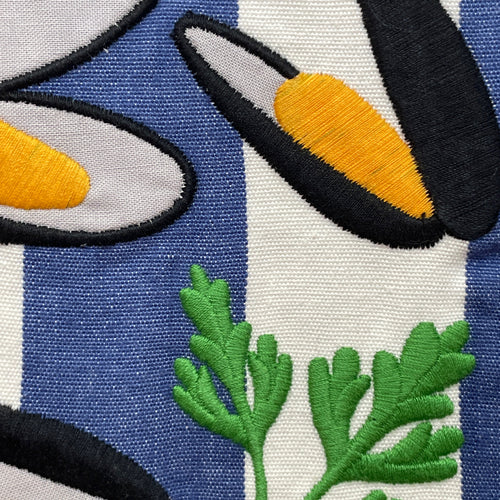 John Derian Set Of 4 Chez Diane Mussels Placemats Add To Cart Details 17" L X 13.5" W Set Of 4 100% Cotton With Embroidered Design Made in NYC Care  Machine Wash In Cold Water With Like Colors. Do Not Bleach. Tumble Dry Low H