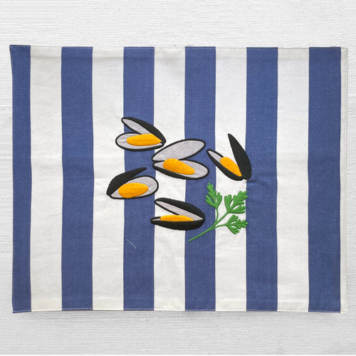 john derian Set of 4 Chez Diane Mussels Placemats Add to cart Details 17" L x 13.5" W Set of 4 100% Cotton with embroidered design Made in NYC Care  Machine wash in cold water with like colors. Do not bleach. Tumble dry low h