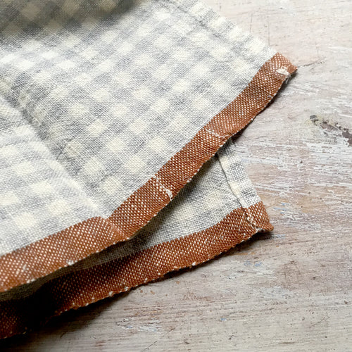 John Derian Set Of 4 Gingham Napkins In Blue & Cognac Add To Cart Set Of 4 Two-Toned Napkins Details 20" X 20" 100% Hand-Spun Linen Made In India Care Machine Wash Cold Gentle Cycle Tumble Dry. Do Not Bleach.     Caravan A Ce