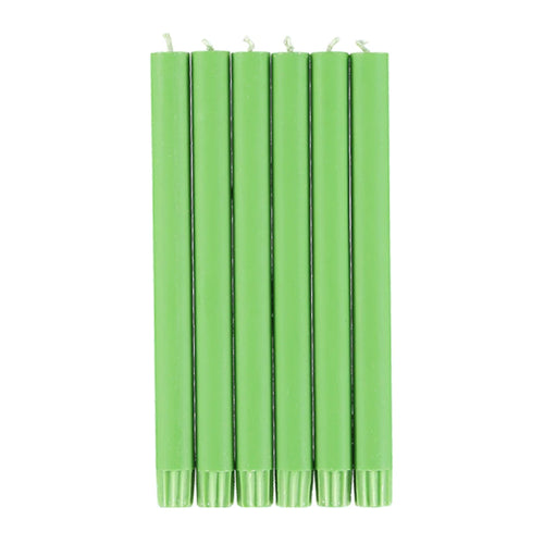 john derian Set of 6 Candles in Grass Green Add to cart Set of 6 Eco Dinner Candles   Details 9.64" H 100% Stearin wax an cotton wick Recyclable kraft box included Non-drip 8 hour burn time with a tall clean flame. Ecological c