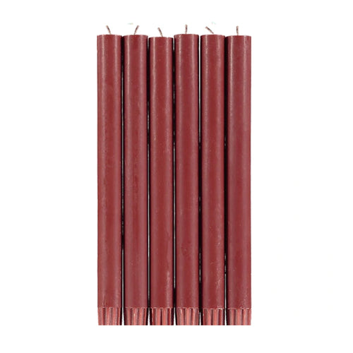 john derian Set of 6 Candles in Guardsman Red Add to cart Set of 6 Eco Dinner Candles   Details 9.64" H 100% Stearin wax an cotton wick Recyclable kraft box included Non-drip 8 hour burn time with a tall clean flame. Ecological