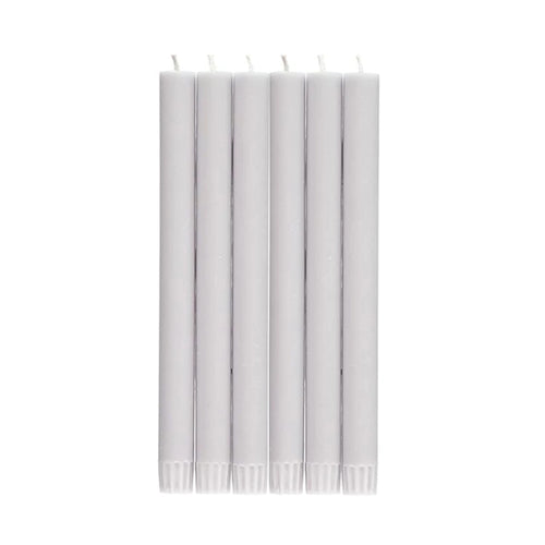 john derian Set of 6 Candles in Gull Grey Add to cart Set of 6 Eco Dinner Candles   Details 9.64" H 100% Stearin wax an cotton wick Recyclable kraft box included Non-drip 8 hour burn time with a tall clean flame. Ecological col