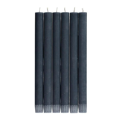 john derian Set of 6 Candles in Gunmetal Grey Add to cart Set of 6 Eco Dinner Candles   Details 9.64" H 100% Stearin wax an cotton wick Recyclable kraft box included Non-drip 8 hour burn time with a tall clean flame. Ecological