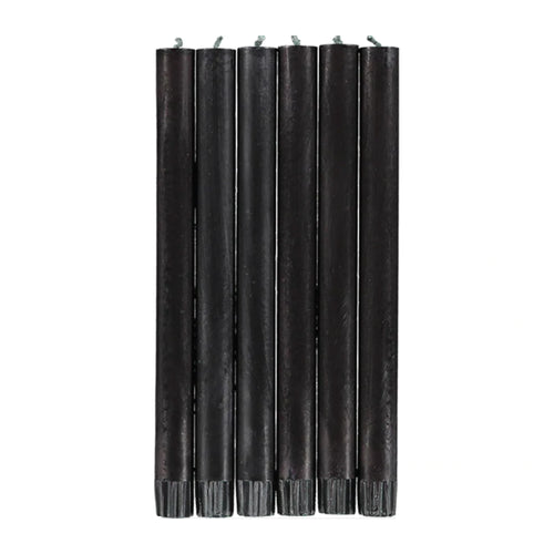 john derian Set of 6 Candles in Jet Black Add to cart Set of 6 Eco Dinner Candles   Details 9.64" H 100% Stearin wax an cotton wick Recyclable kraft box included Non-drip 8 hour burn time with a tall clean flame. Ecological col
