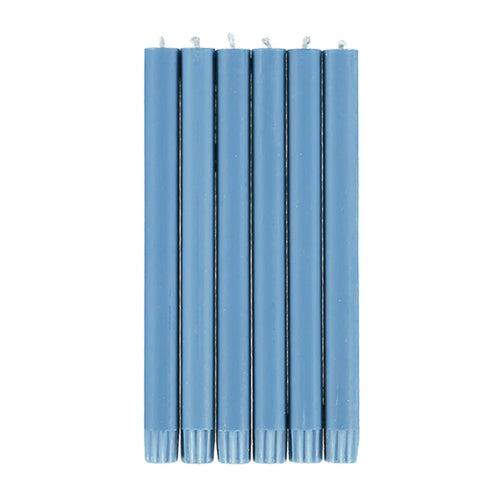 john derian Set of 6 Candles in Medici Blue Add to cart Set of 6 Eco Dinner Candles   Details 9.64" H 100% Stearin wax an cotton wick Recyclable kraft box included Non-drip 8 hour burn time with a tall clean flame. Ecological c