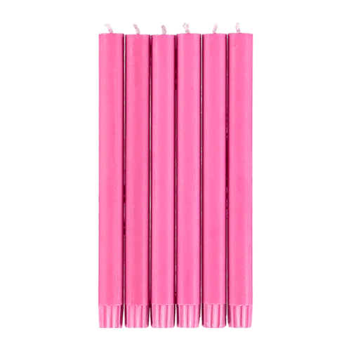 john derian Set of 6 Candles in Neyron Rose Add to cart Set of 6 Eco Dinner Candles   Details 9.64" H 100% Stearin wax an cotton wick Recyclable kraft box included Non-drip 8 hour burn time with a tall clean flame. Ecological c