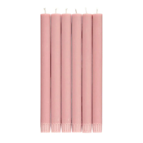 john derian Set of 6 Candles in Old Rose Add to cart Set of 6 Eco Dinner Candles   Details 9.64" H 100% Stearin wax an cotton wick Recyclable kraft box included Non-drip 8 hour burn time with a tall clean flame. Ecological colo