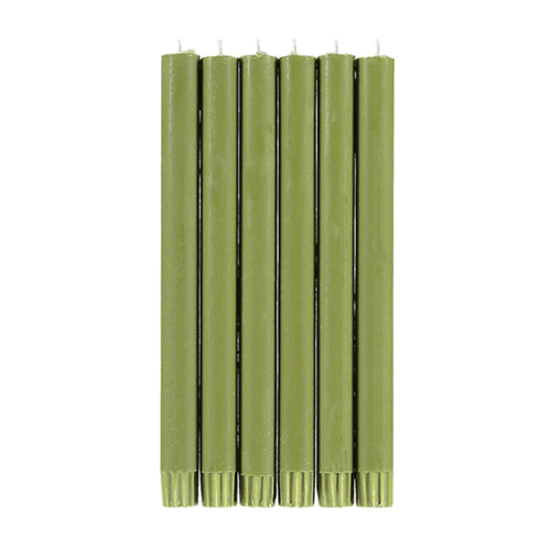 john derian Set of 6 Candles in Olive Add to cart Set of 6 Eco Dinner Candles   Details 9.64" H 100% Stearin wax an cotton wick Recyclable kraft box included Non-drip 8 hour burn time with a tall clean flame. Ecological color d