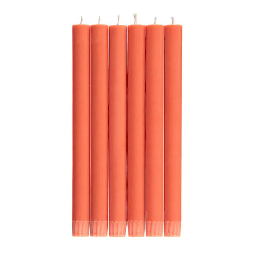 john derian Set of 6 Candles in Rust Add to cart Set of 6 Eco Dinner Candles   Details 9.64" H 100% Stearin wax an cotton wick Recyclable kraft box included Non-drip 8 hour burn time with a tall clean flame. Ecological color dy