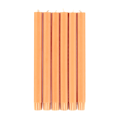 john derian Set of 6 Candles in Saffron Add to cart Set of 6 Eco Dinner Candles   Details 9.64" H 100% Stearin wax an cotton wick Recyclable kraft box included Non-drip 8 hour burn time with a tall clean flame. Ecological color