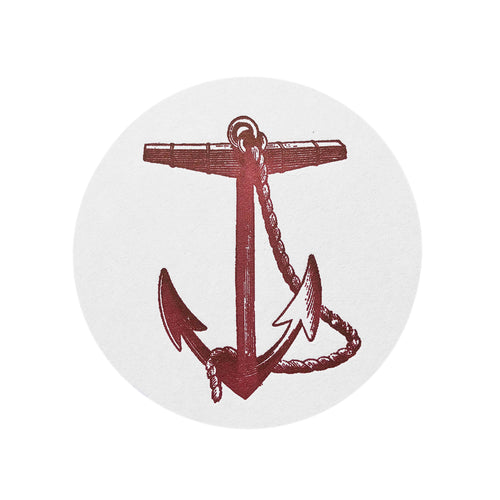 john derian Set of 8 Letterpress Anchor Coasters Add to cart Details Set of 8 4" Diameter Heavyweight paper stock with rubber based ink Made in Brooklyn New York Care Dry flat for multiple uses