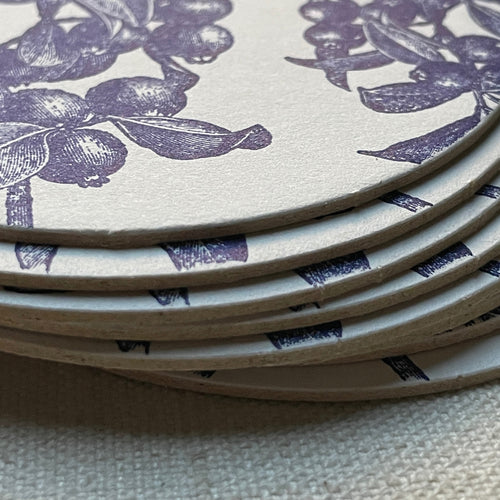 John Derian Set Of 8 Letterpress Blueberry Coasters Add To Cart Details Set Of 8 4" Diameter Heavyweight Paper Stock With Rubber Based Ink Made In Brooklyn New York Care Dry Flat For Multiple Uses