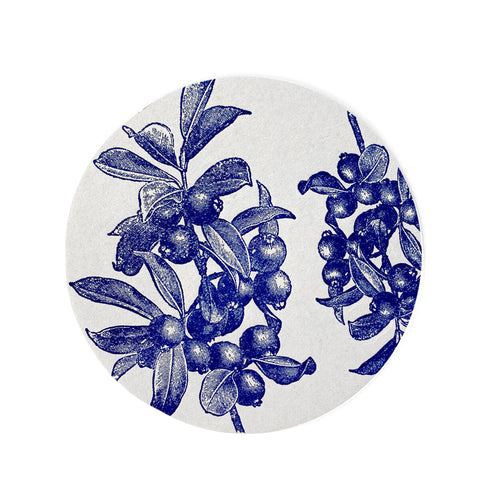 john derian Set of 8 Letterpress Blueberry Coasters Add to cart Details Set of 8 4" Diameter Heavyweight paper stock with rubber based ink Made in Brooklyn New York Care Dry flat for multiple uses