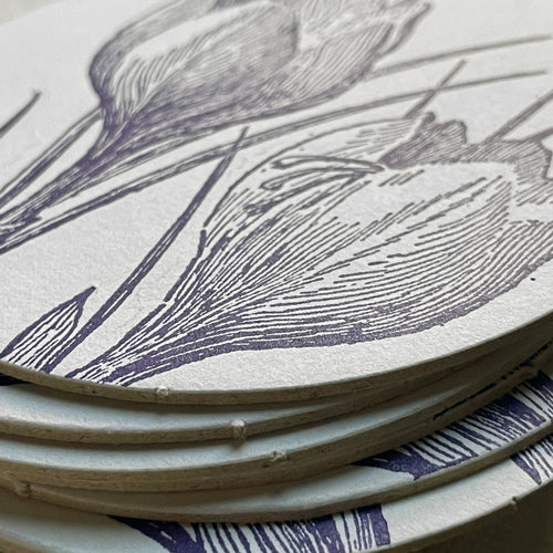 John Derian Set Of 8 Letterpress Crocus Coasters Add To Cart Details Set Of 8 4" Diameter Heavyweight Paper Stock With Rubber Based Ink Made In Brooklyn New York Care Dry Flat For Multiple Uses