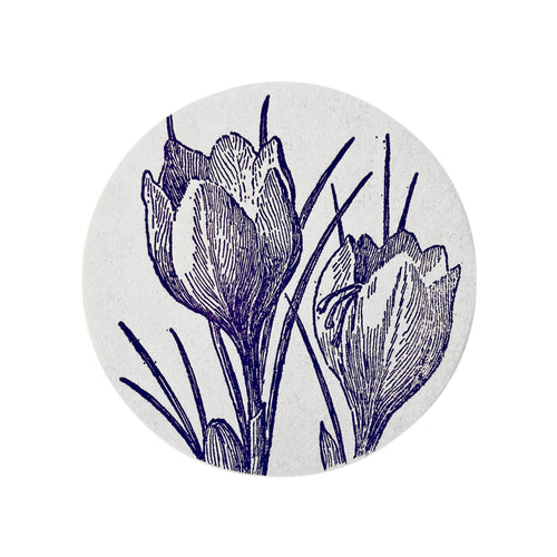 john derian Set of 8 Letterpress Crocus Coasters Add to cart Details Set of 8 4" Diameter Heavyweight paper stock with rubber based ink Made in Brooklyn New York Care Dry flat for multiple uses
